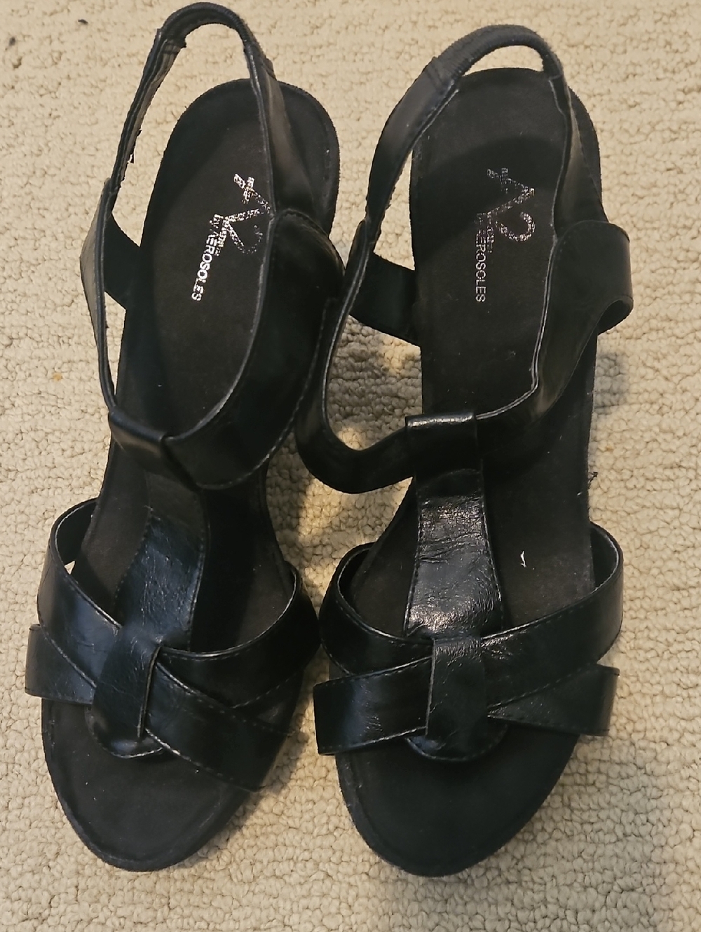 AEROSOLES Black Leather Slingback Knot Wedge Sandals